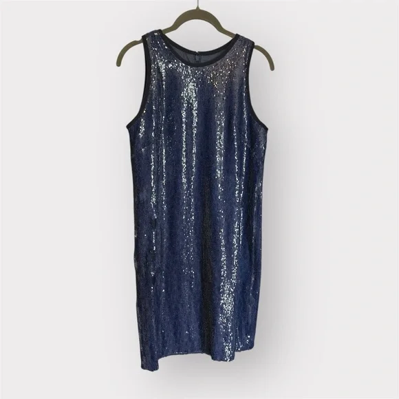 Carmen Marc Valvo Denim Blue Full Sequin Shift Dress- Size 4 - Picture 5 of 9